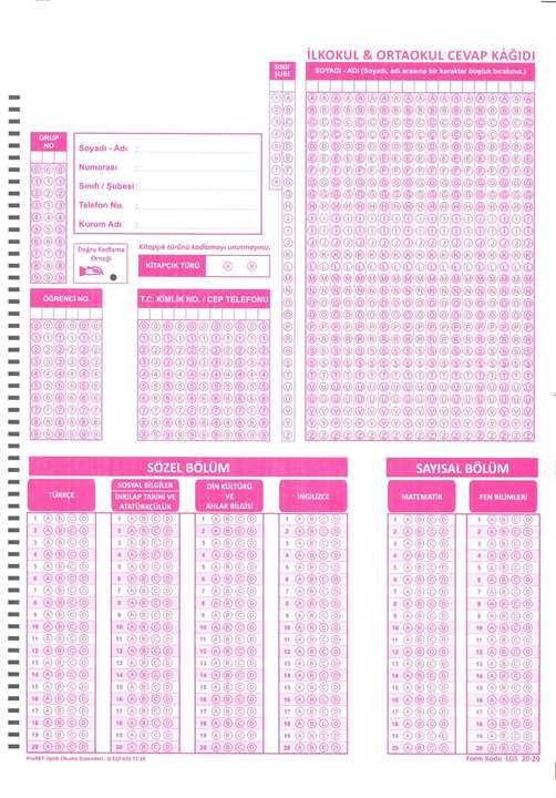 LGS OPTİK FORMU  (Sözel - Sayısal )