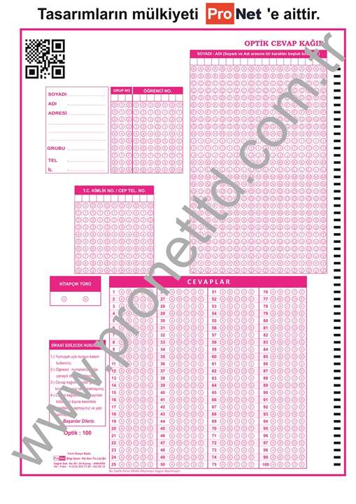 100 Soruluk Yabancı Dil ve Tarama Optik Formu